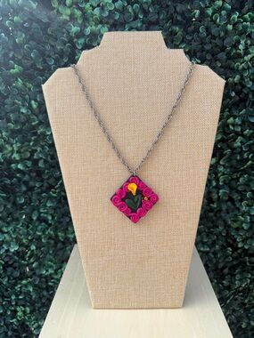 Handmade Polymer Clay Pendant w/ Pink Floral Pendant Necklace with Yellow Accent